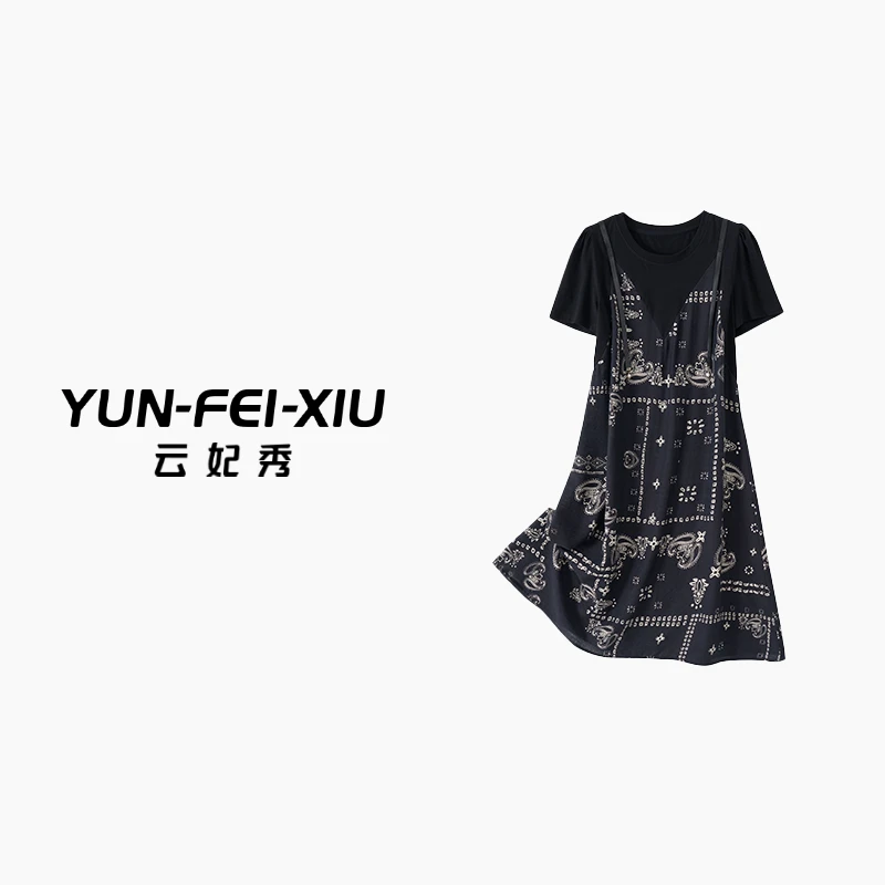 云妃秀大码女装连衣裙简约印花拼接时尚胖妹妹韩版气质减龄夏6025