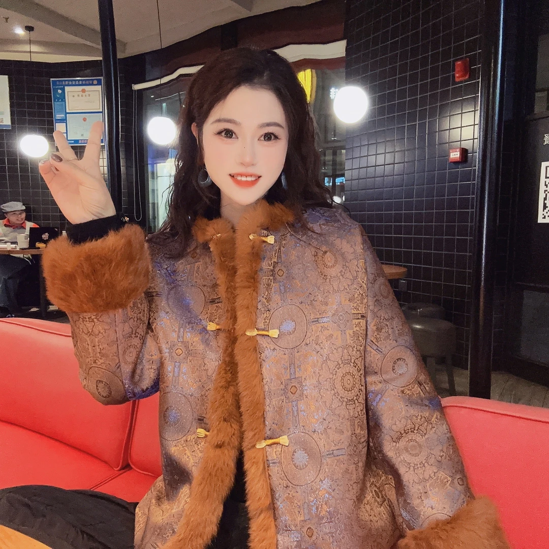 【金色八达晕】新中式兔毛加厚加棉羊毛棉宋锦金色八达晕上衣XM
