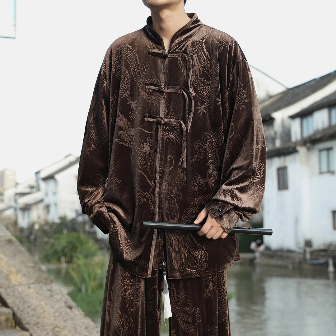 咖啡色金丝绒外套男秋冬季新中式唐装中国风龙纹提花宽松汉服上衣