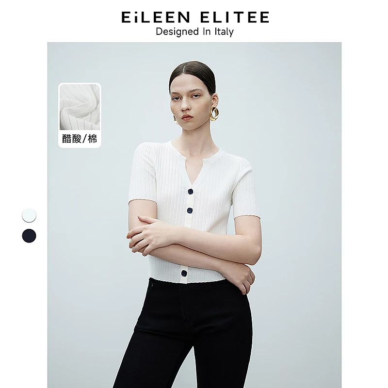 朗姿欧洲EiLEEN ELITEE2025年春季新款纯色短袖针织套头衫针织衫