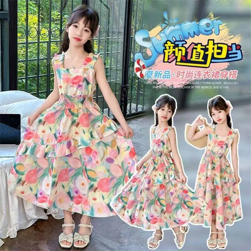 女童碎花连衣裙2025年夏季新款中大童洋气荷叶边沙滩裙吊带连衣裙