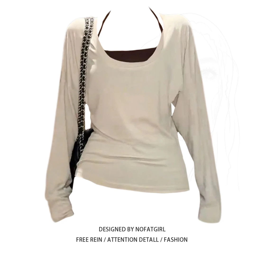 大码胖MM韩系慵懒风长袖罩衫女秋2025新款挂脖吊带内搭上衣两件套