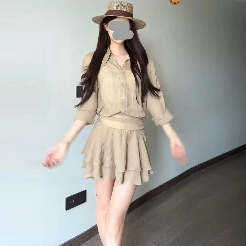 小香风套装2025新款爆款夏季复古气质防晒长袖衬衫短裙两件套女