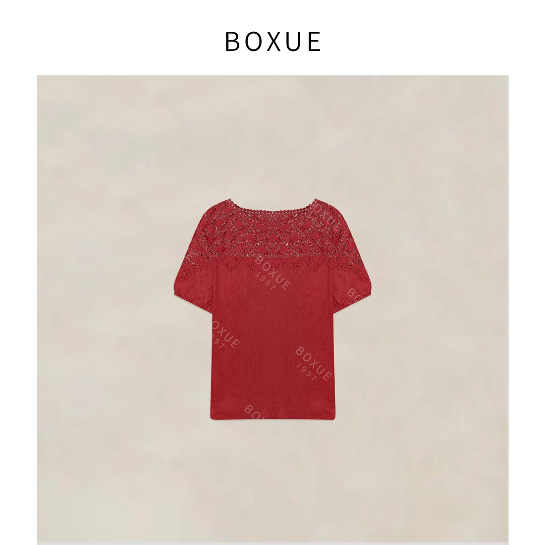 BOXUE”听雪”2025夏款高级感100亚麻烧花刺绣小花 T恤#250514T2498