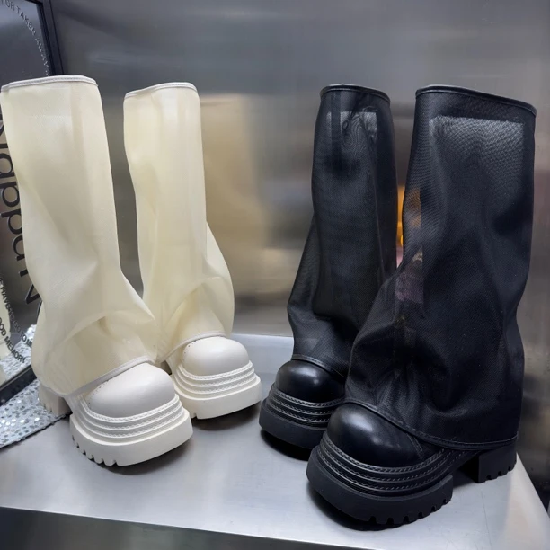 韩版粗跟网纱松糕底夏短靴复古高筒靴