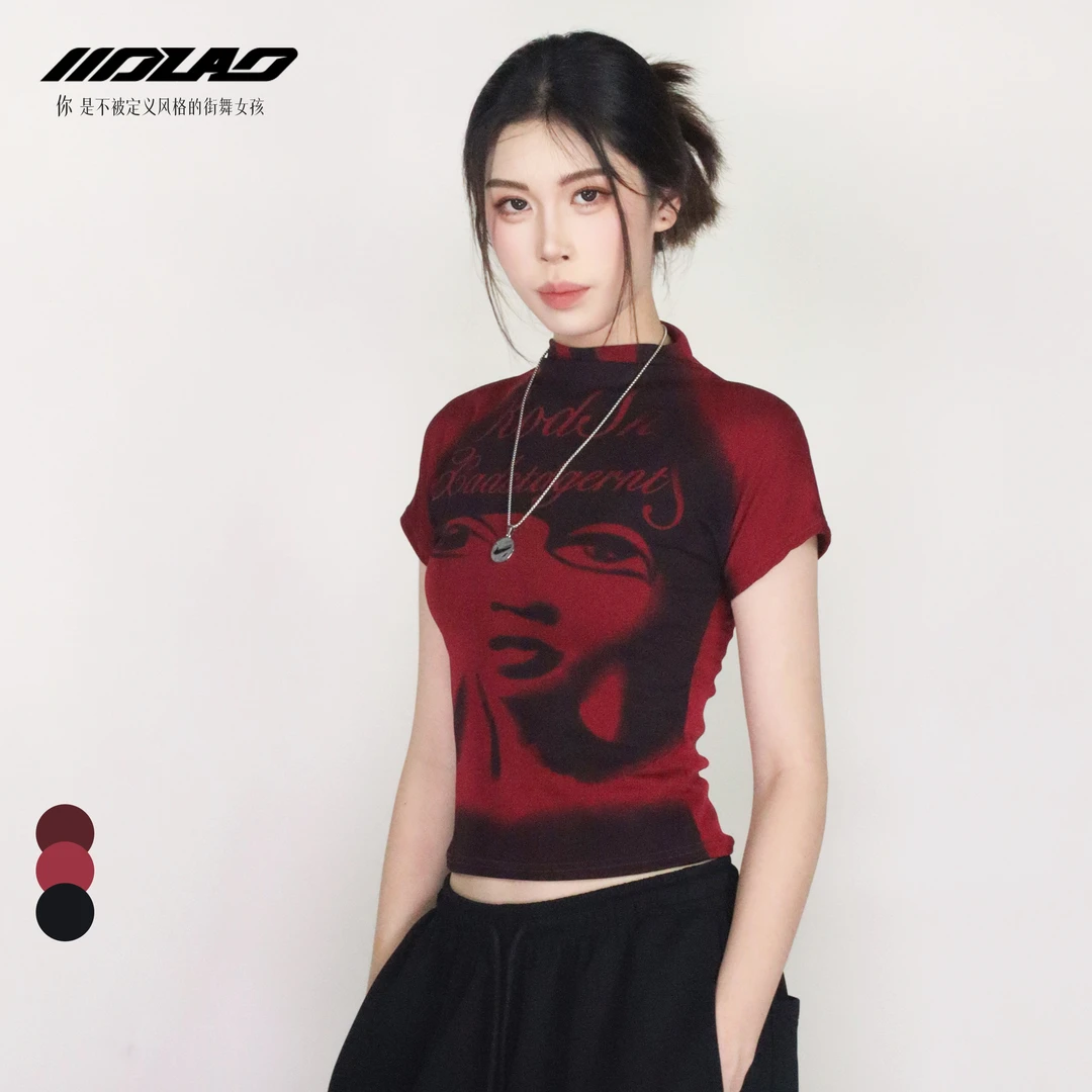 大佬街舞潮牌欧美印花短款t恤上衣百搭显瘦修身半高领复古2321