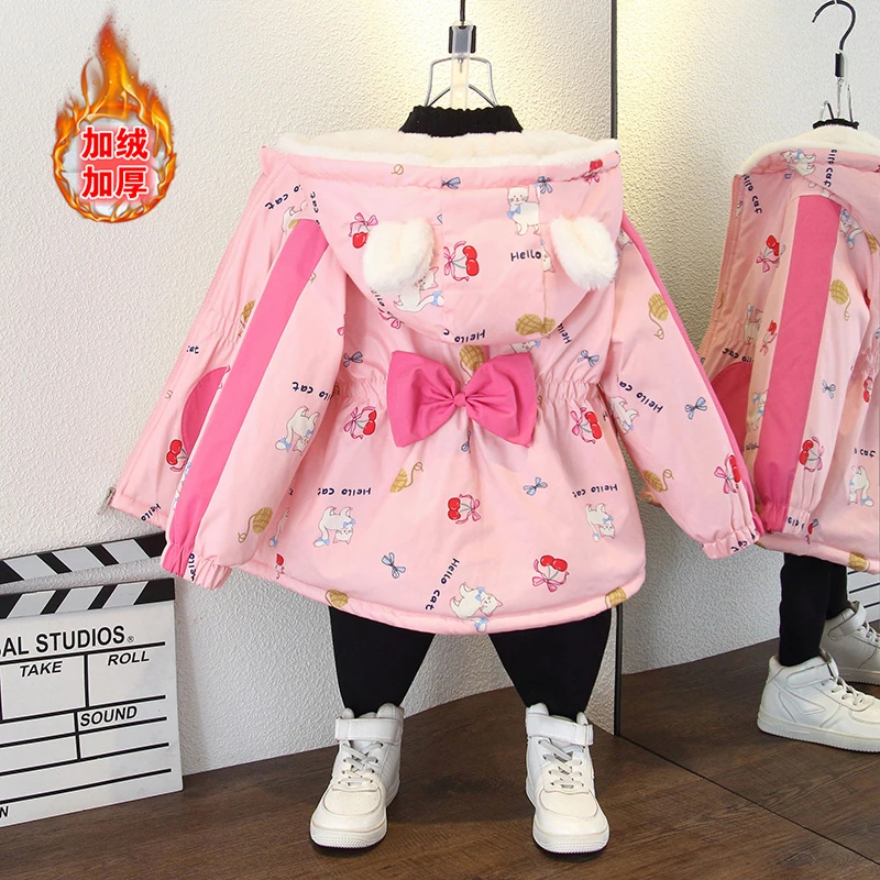 女童秋冬装新款棉服外套女童可爱蝴蝶结爱心口袋加绒加厚连帽外套