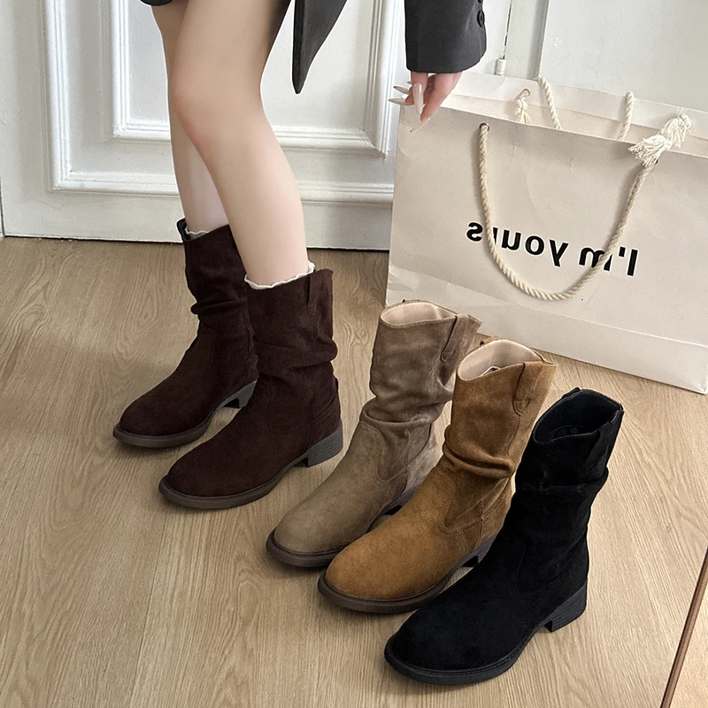 堆堆靴女中筒靴子女秋冬2025新款美拉德西部牛仔短靴马丁靴瘦瘦靴