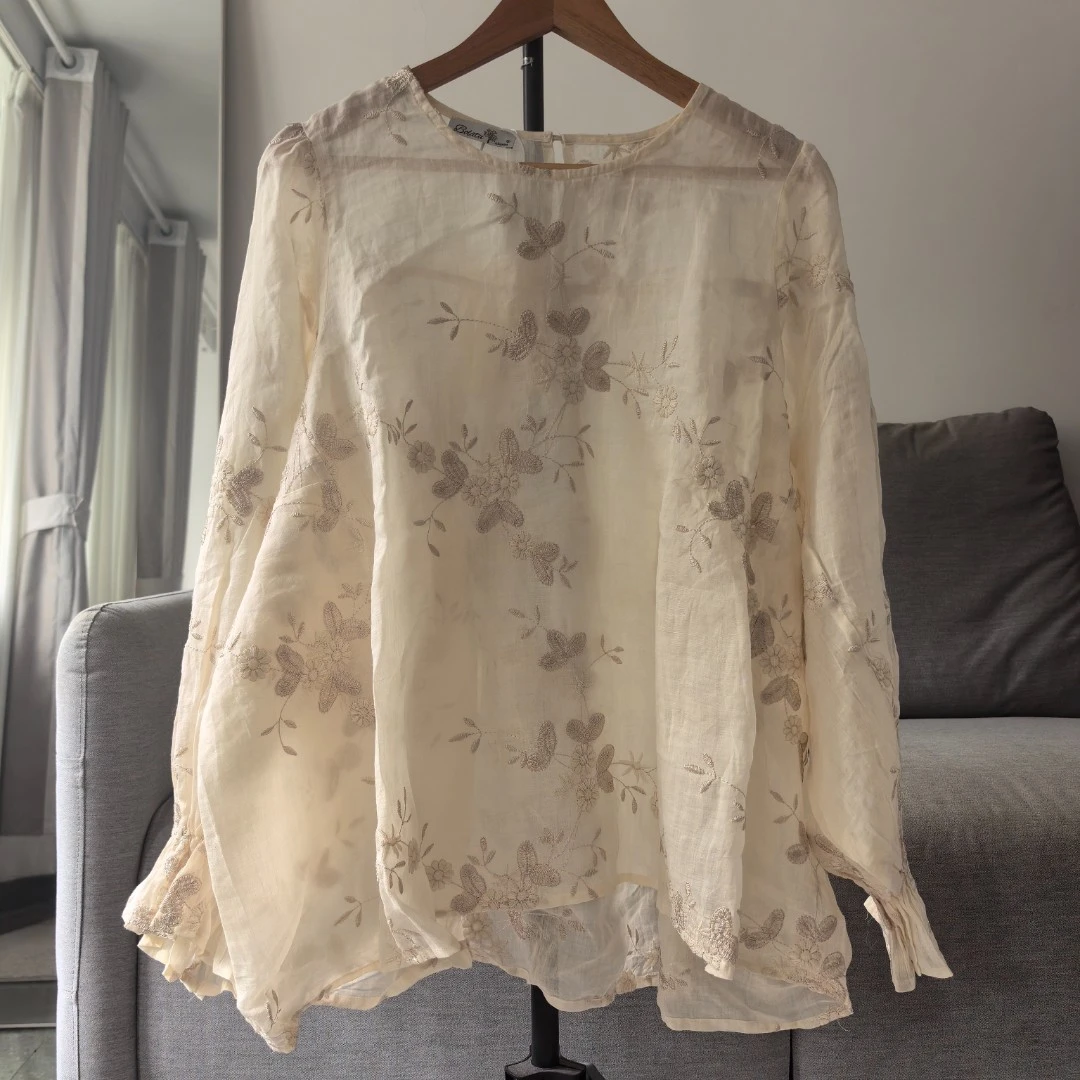 夏季杏色绣花清凉透气时尚圆领苎麻罩衫