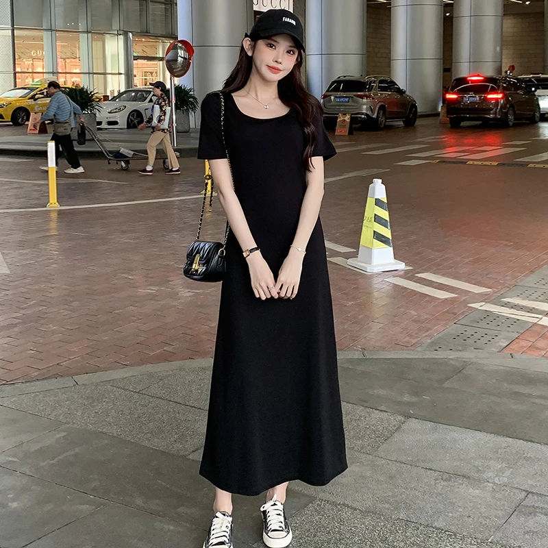 休闲连衣裙爆款高级感时尚显瘦宽松气质休闲夏季短袖长款黑色裙子