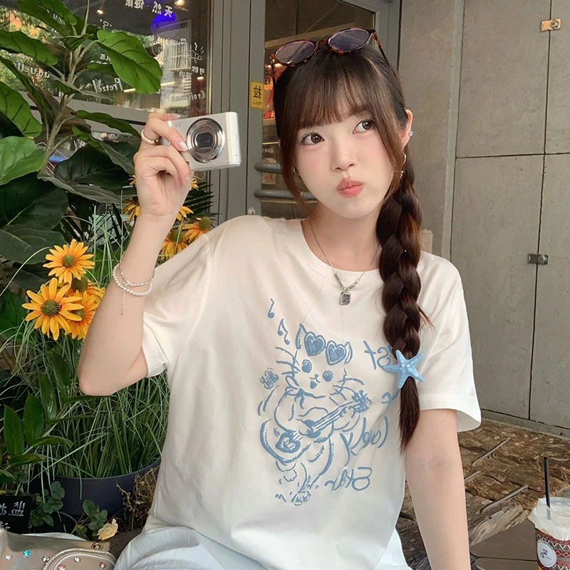 白色印花短袖t恤女夏2025年新款宽松学生猫咪卡通设计感上衣半袖