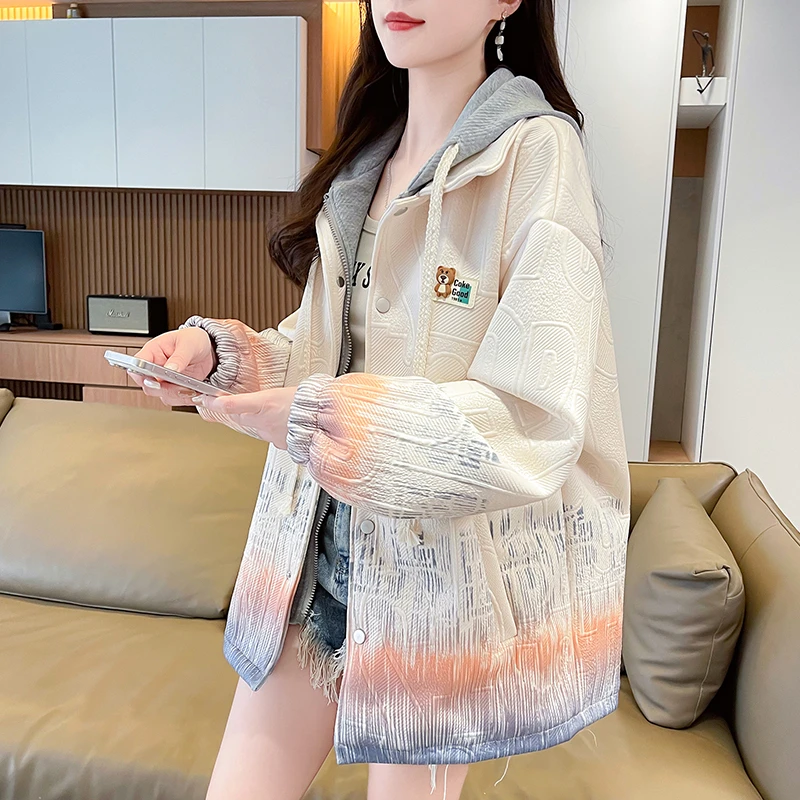 假两件渐变色工装外套女春秋2025新款初高中学生宽松休闲连帽夹克