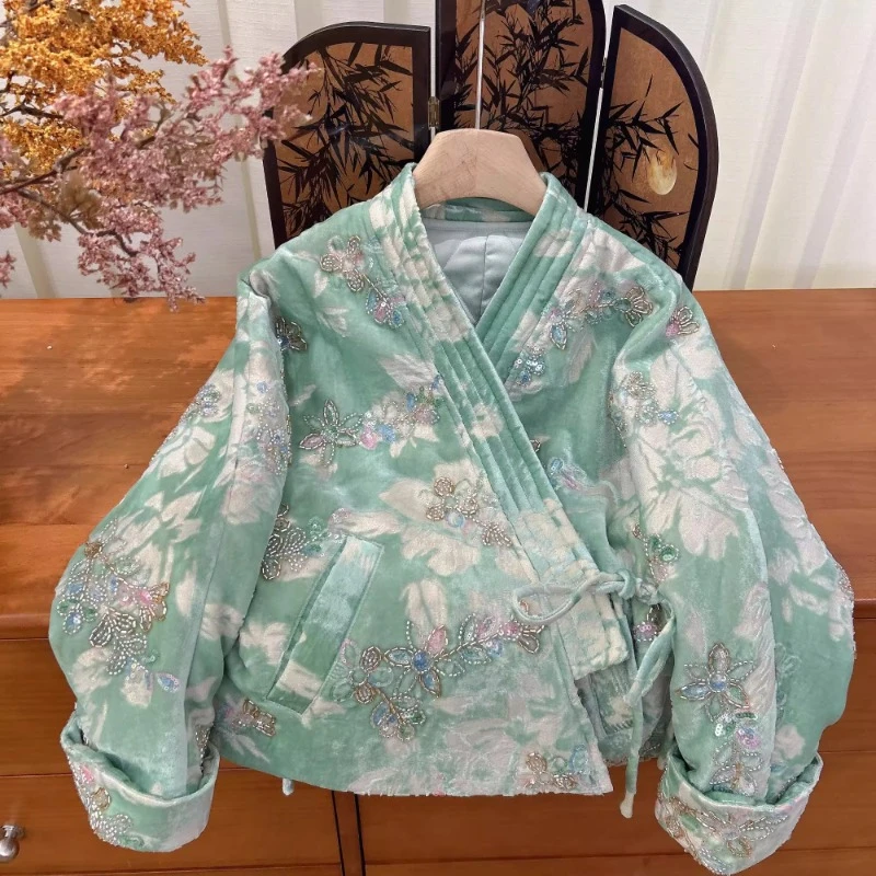 新中式重工亮片丝绒外套女冬2025新款高级感花卉刺绣长袖宽松棉服