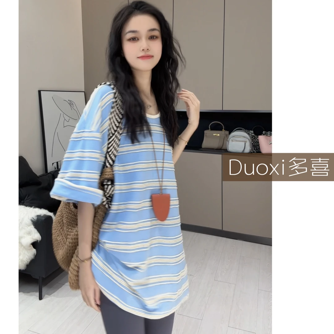 【Duoxi】"春日单行线"韩系百搭条纹慵懒休闲圆领T恤衫宽松A093#