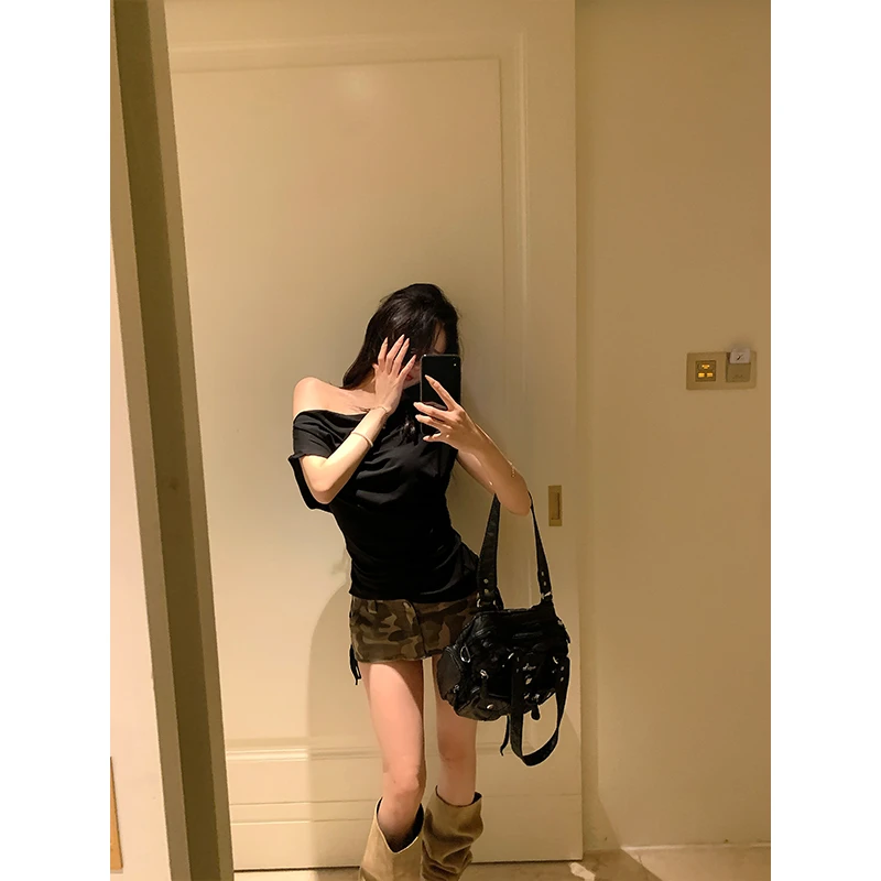 withmin白兔 千禧y2k 欧若风辣妹斜肩露肩收腰短袖上衣T恤2522302