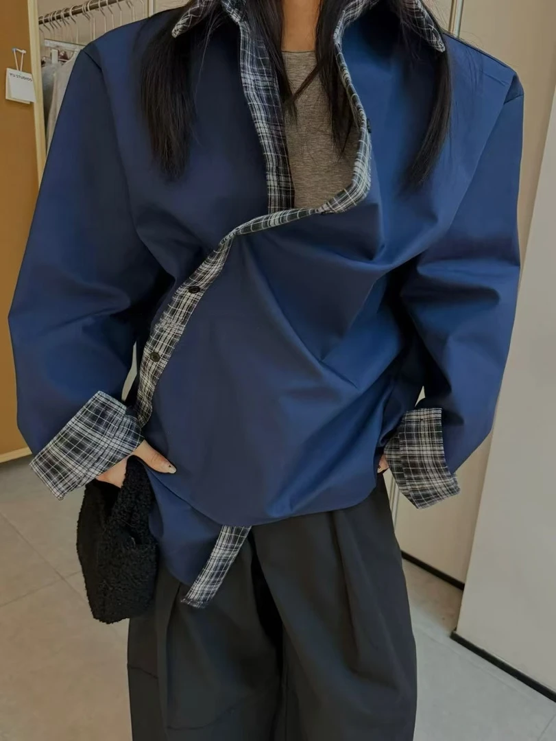 2576#【東Room】2025年春季新款复古拼格纹宽松中长款衬衣女