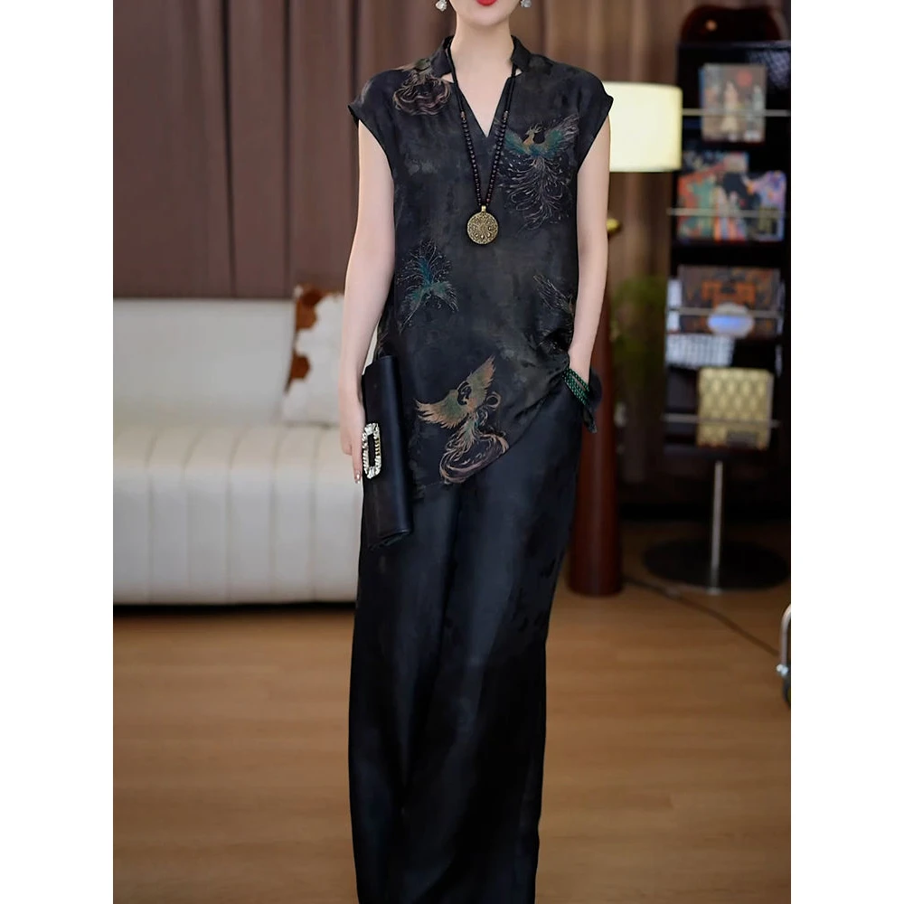 时尚妈妈气质减龄显瘦上衣+长裤两件套2025夏季新款复古国风套装