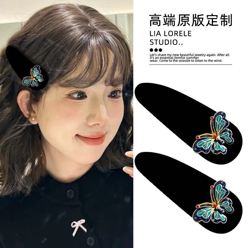 新中式复古丝绒蝴蝶BB夹高级感气质刘海侧边碎发夹头饰国风发卡子