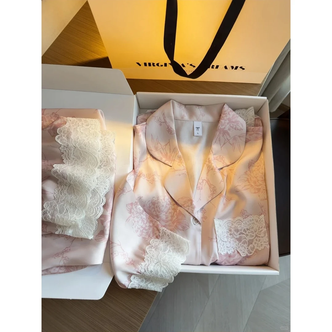 气质花卉轻奢高级蕾丝花边冰丝睡衣女套装2025新款春夏家居服外穿