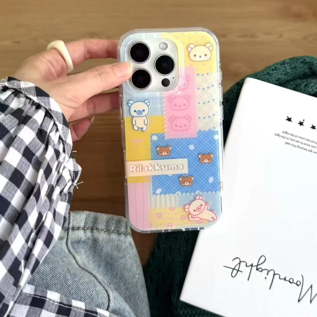 马卡龙线条轻松熊imd双层手机壳适用于苹果iPhone16/15/14可爱