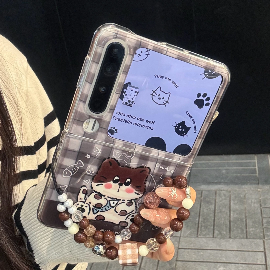 适用华为PuraX典藏版折叠屏手机壳purax灰黑格纹抱鱼小猫插画链条