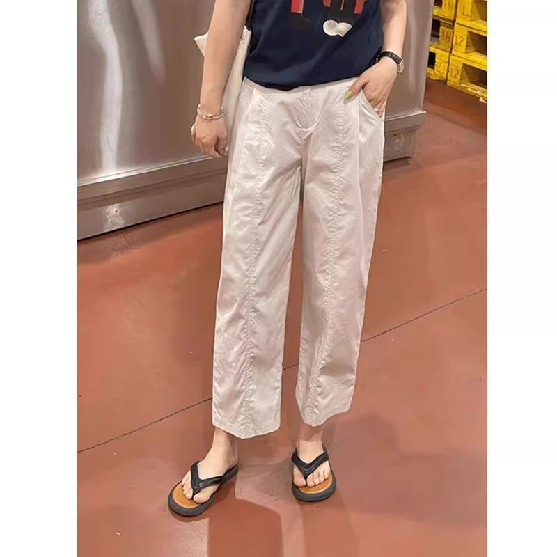 米白色休闲速干裤女夏季薄款大码精致显瘦高腰宽松直筒九分小众裤