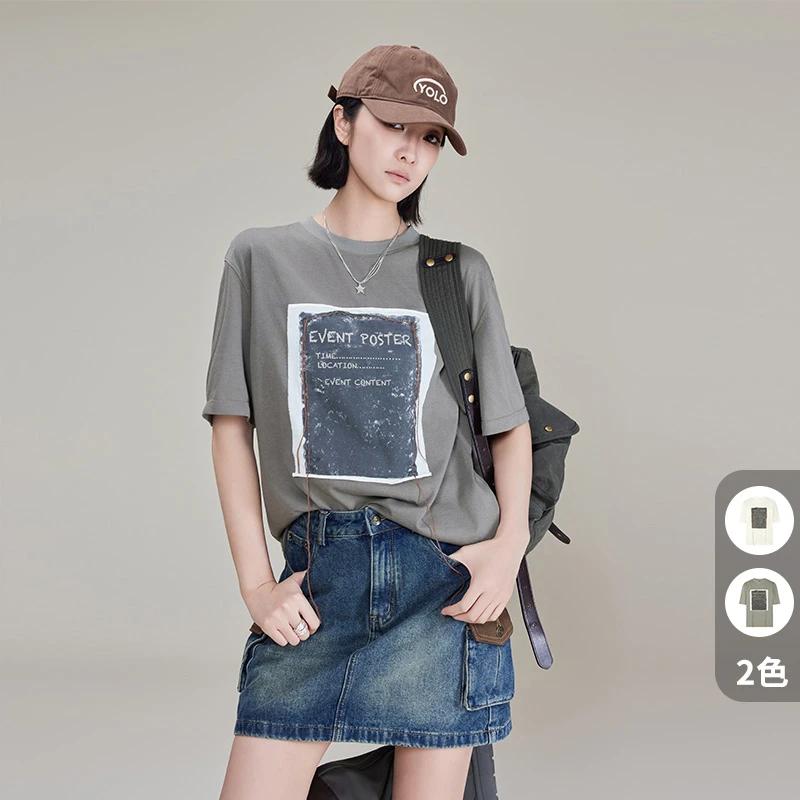美洋MEIYANG【现货】海报短袖 怀旧立体印花撞色圆领休闲T恤-周四