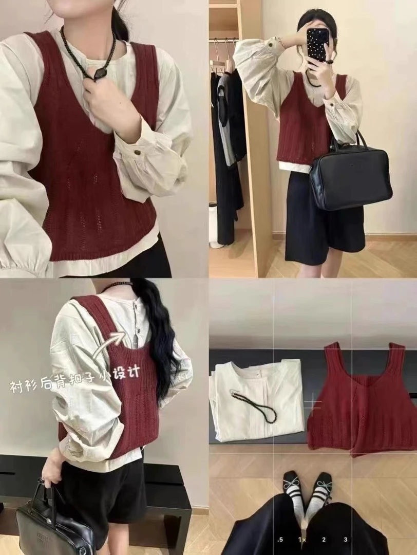 灰灰呀！真两件！后背纽扣衬衫➕背心两件套套装