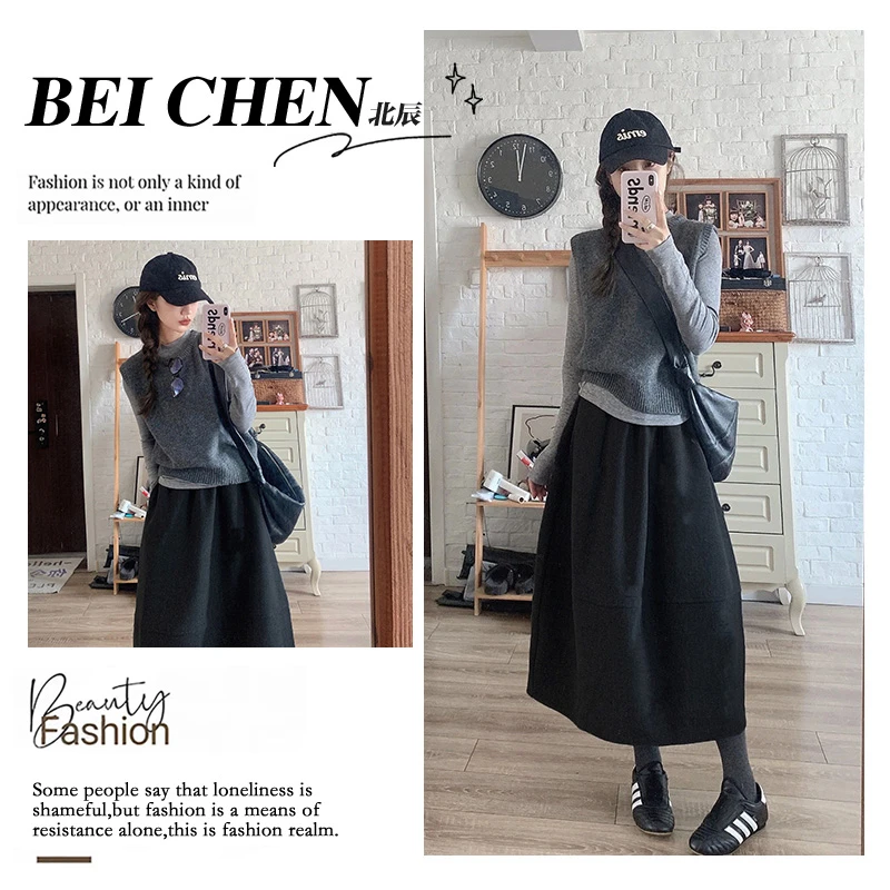 大码法式通勤灰色针织马甲内搭上衣叠穿时尚花苞半身裙韩系三件套