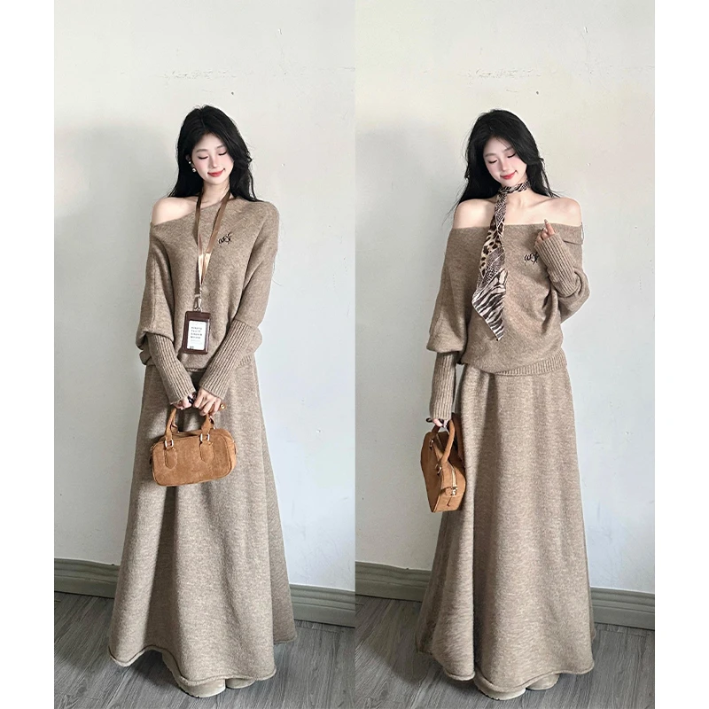 parkyeon温柔慵懒风套装设计感斜肩针织衫上衣女高腰显瘦半身裙