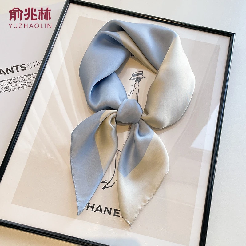 蓝色小方巾丝巾女款新款百搭春秋搭衬衫装饰护颈围脖子薄棉绸套装