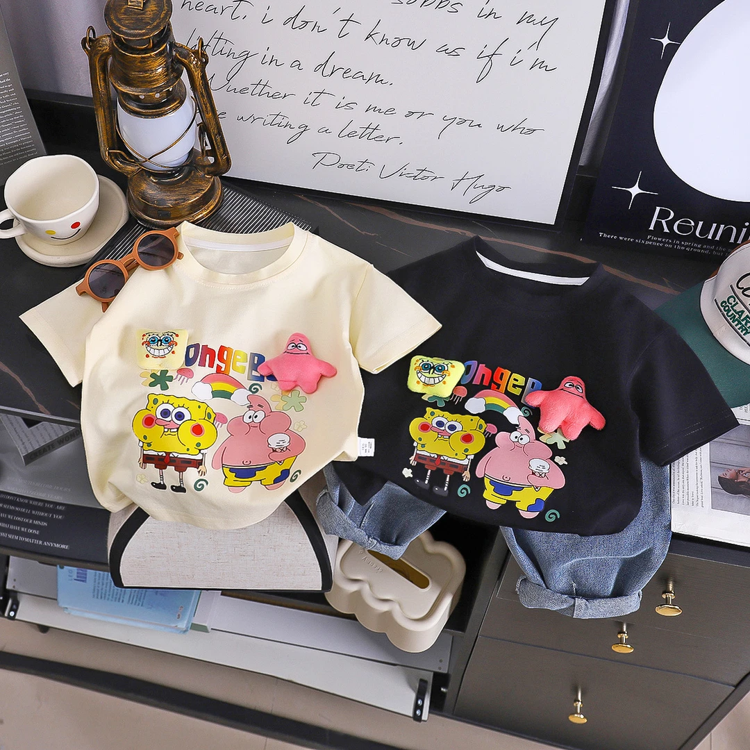 100%纯棉休闲风卡通短袖海绵宝宝2025日系男女童洋气时髦短袖上衣
