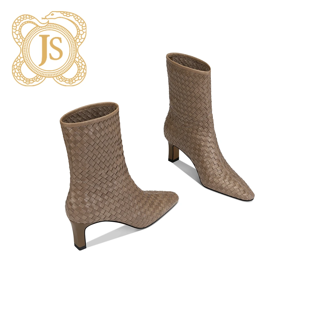 已开价，3812X8516时尚小方头中跟编织羊皮中筒气质方根时装靴女