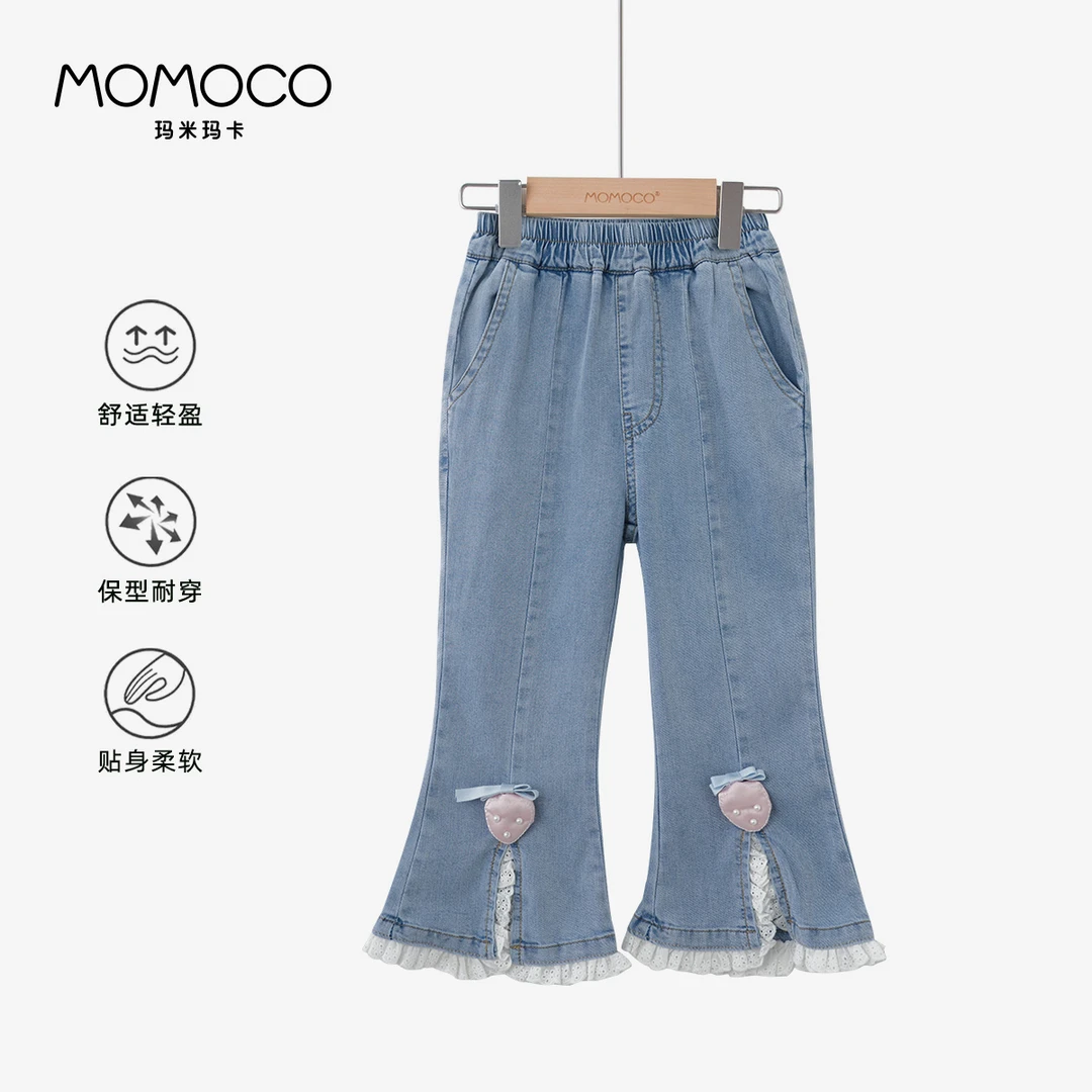MOMOCO女童夏季儿童时尚休闲洋气草莓花边时尚牛仔裤77630368010
