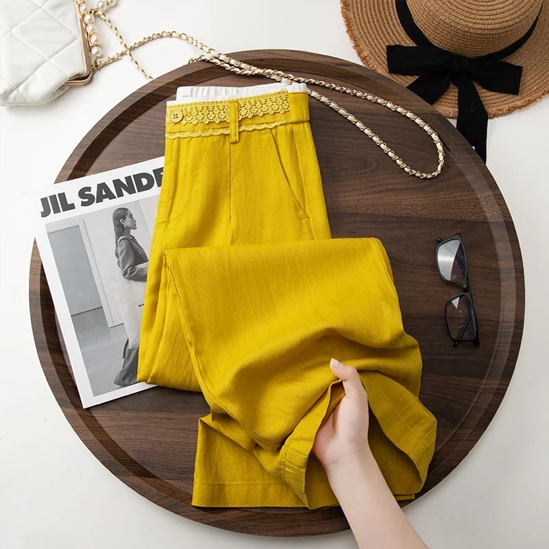 爆款姜黄色天丝亚麻直筒裤女2025夏季新款高腰垂感蕾丝拼接阔腿裤