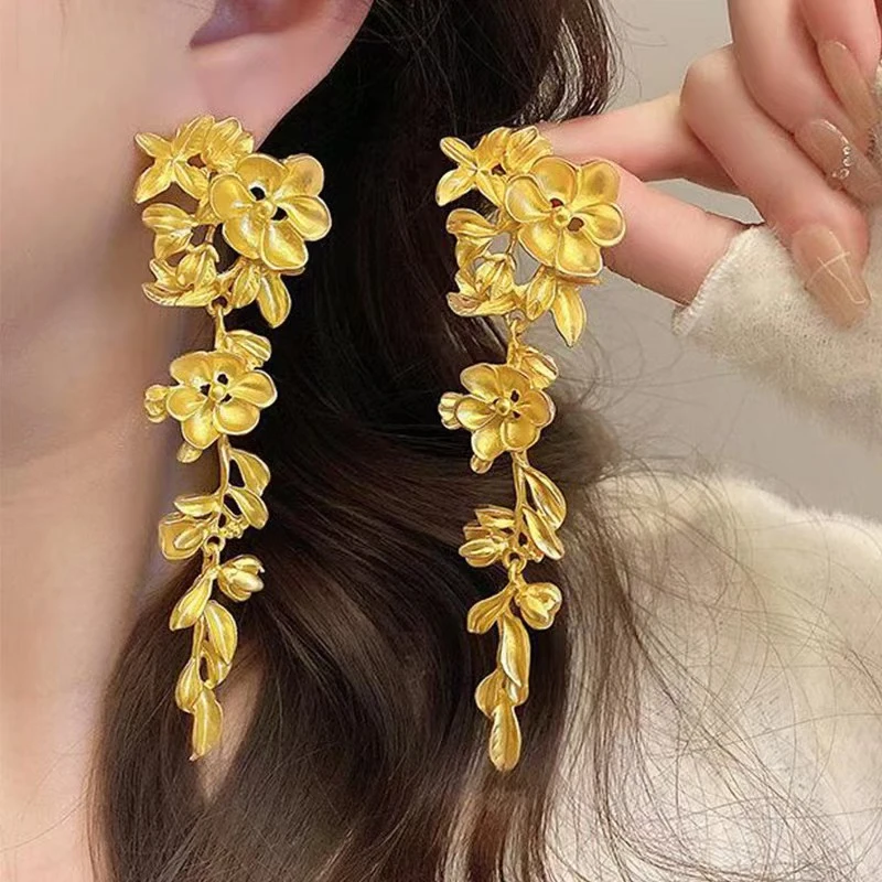 金色花朵流苏耳环新中式高级夸张风格耳坠ins