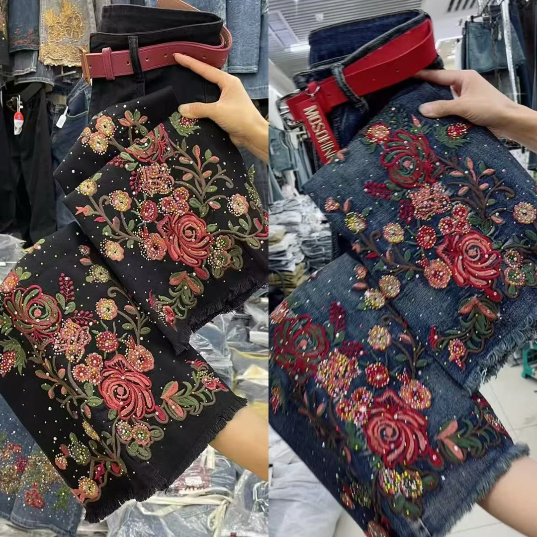 9001新款重工纂毛边超弹微喇牛仔裤（不送腰带）