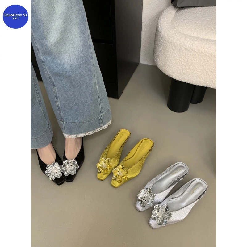 尖头包头外穿花朵方头女单鞋洋气橡胶底一脚蹬