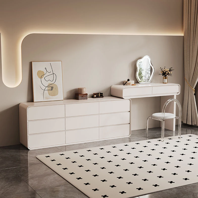 奶油风实木烤漆卧室梳妆台斗柜一体化妆桌高级简约转角床尾收纳柜