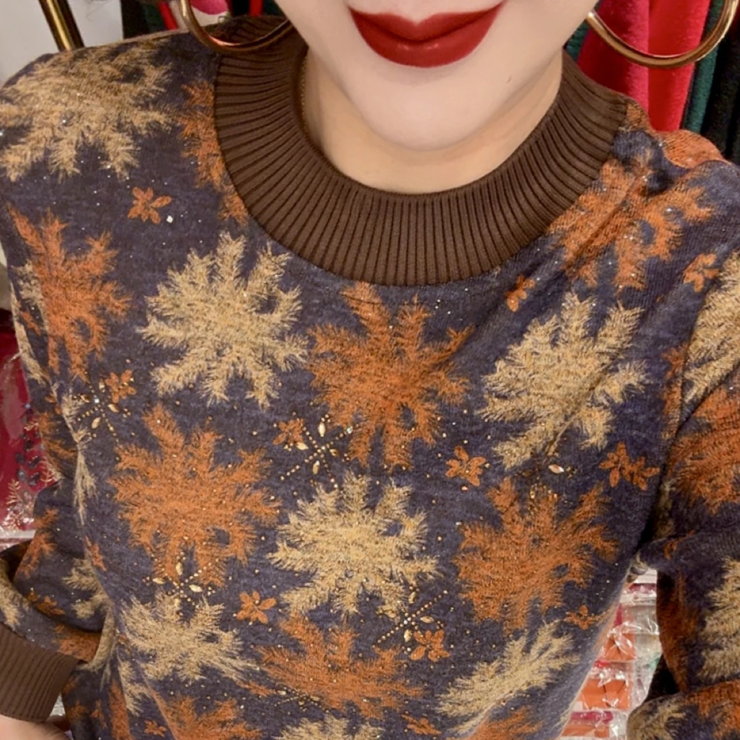 冬季加绒加厚圆领长袖妈妈打底衫