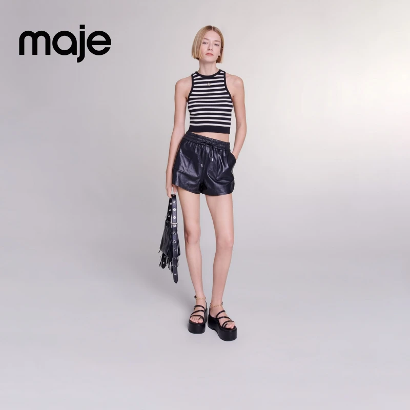 暖系穿搭|Maje秋冬黑白条纹无袖针织内搭上衣MFPTO01040