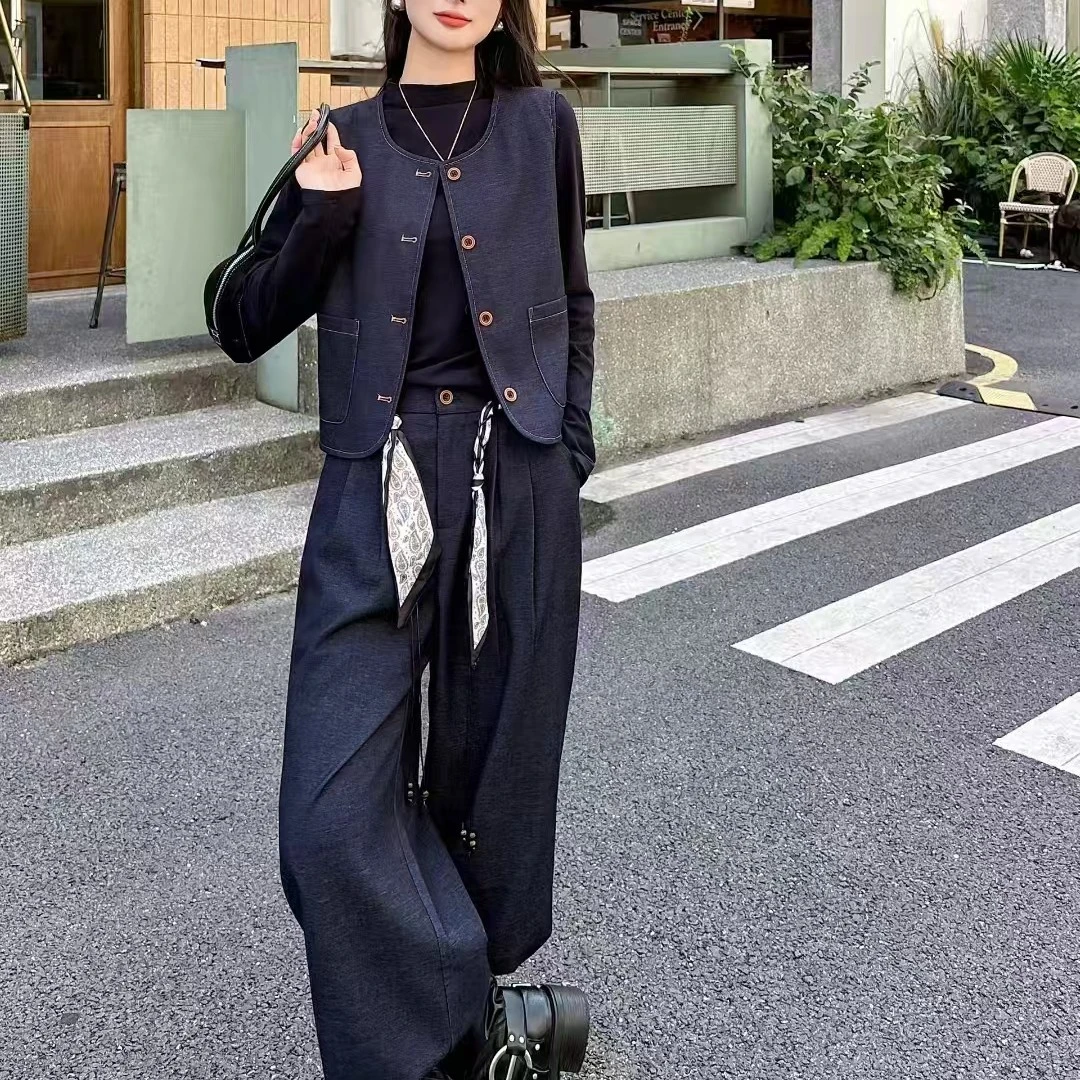 [B01]时尚百搭高级感马甲直筒裤三件套装