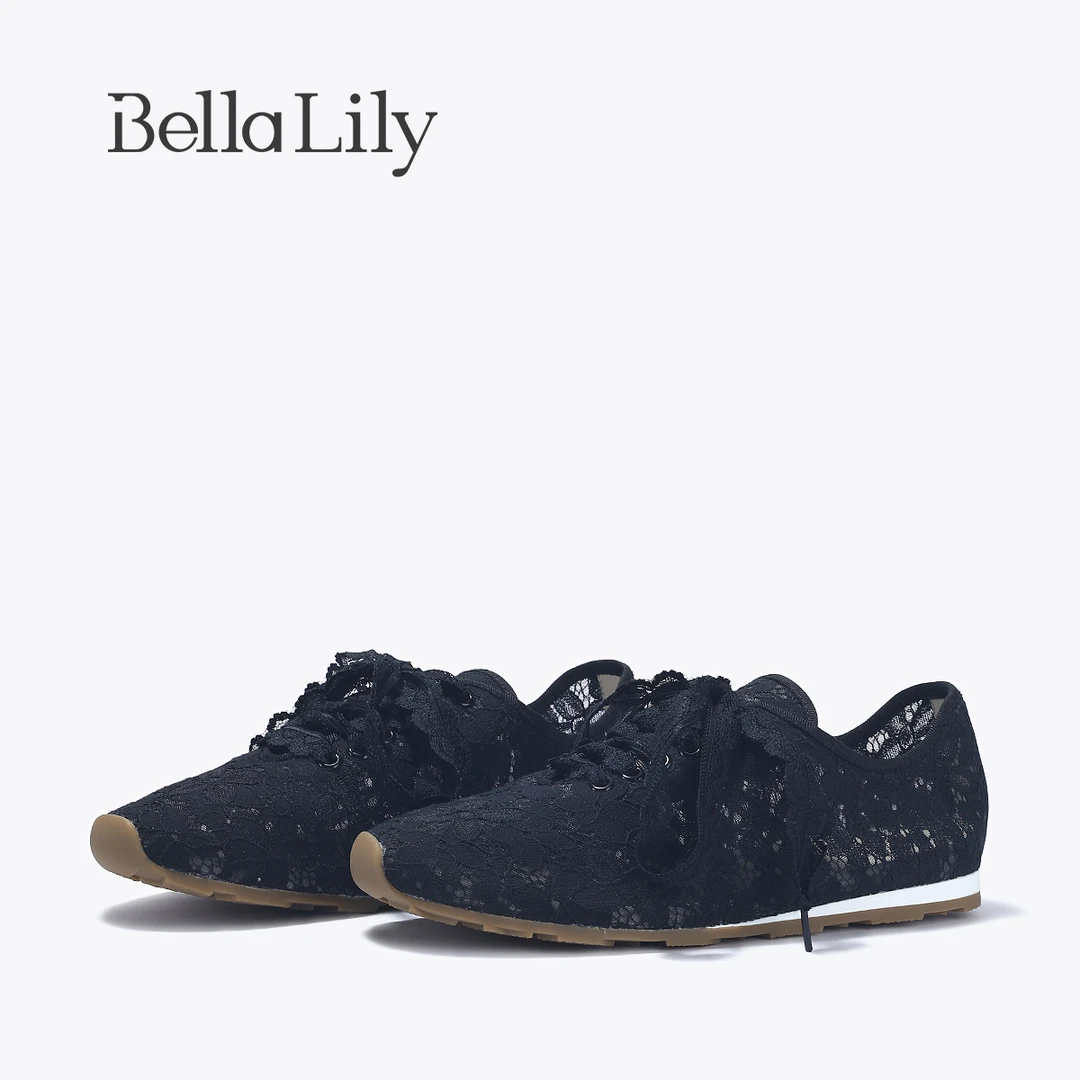 BellaLily2025春新款百搭黑色平底鞋软底舒适女鞋网纱透气休闲鞋