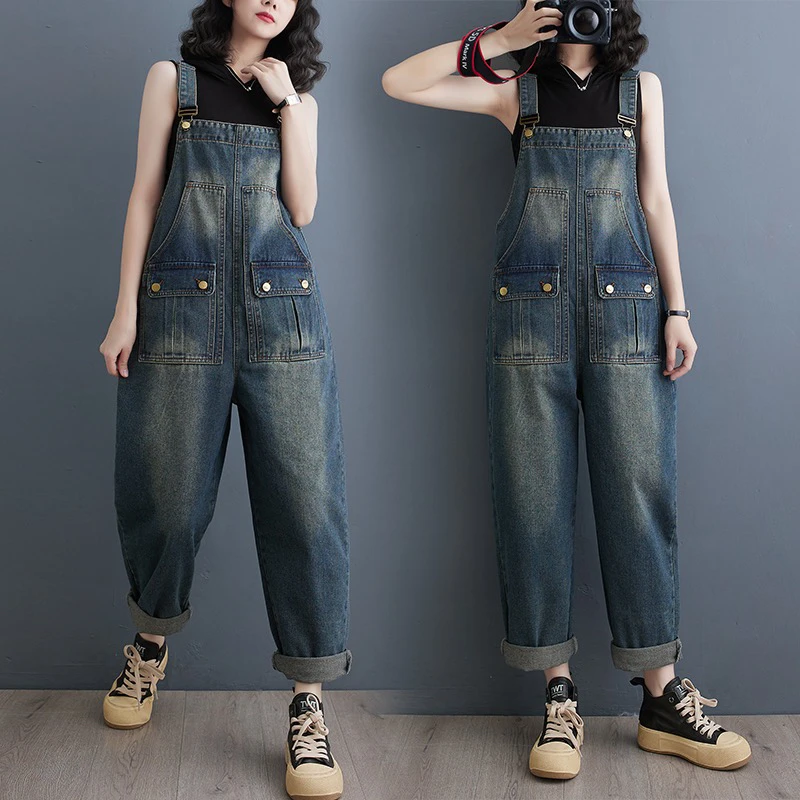 大码百搭宽松牛仔背带裤女2025早春新款九分裤显瘦好质量连体裤子