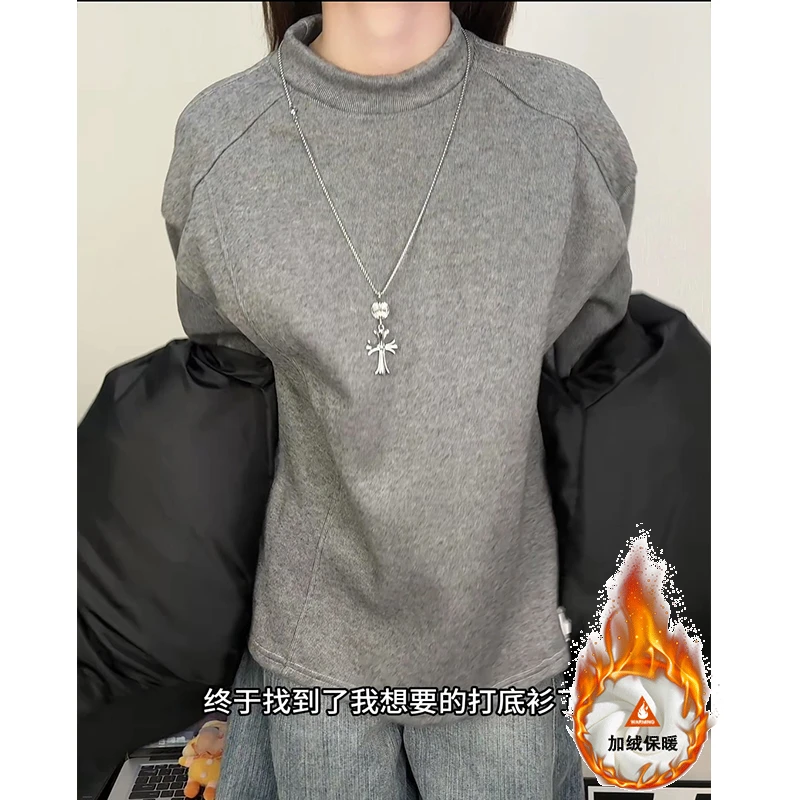 秋冬季正肩内搭T恤男美式潮流ins重磅痞帅百搭休闲保暖德绒打底衫