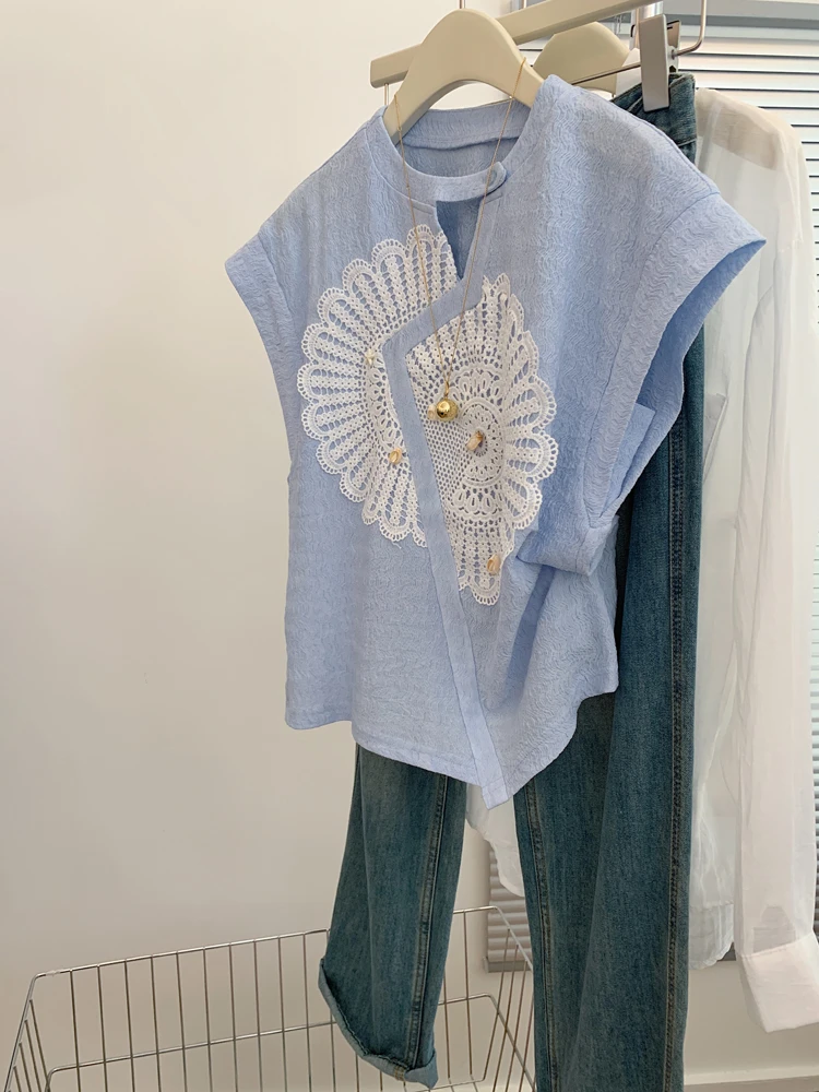 2025新款夏季新中式国风刺绣蓝色不规则设计感短袖衬衫气质女上衣