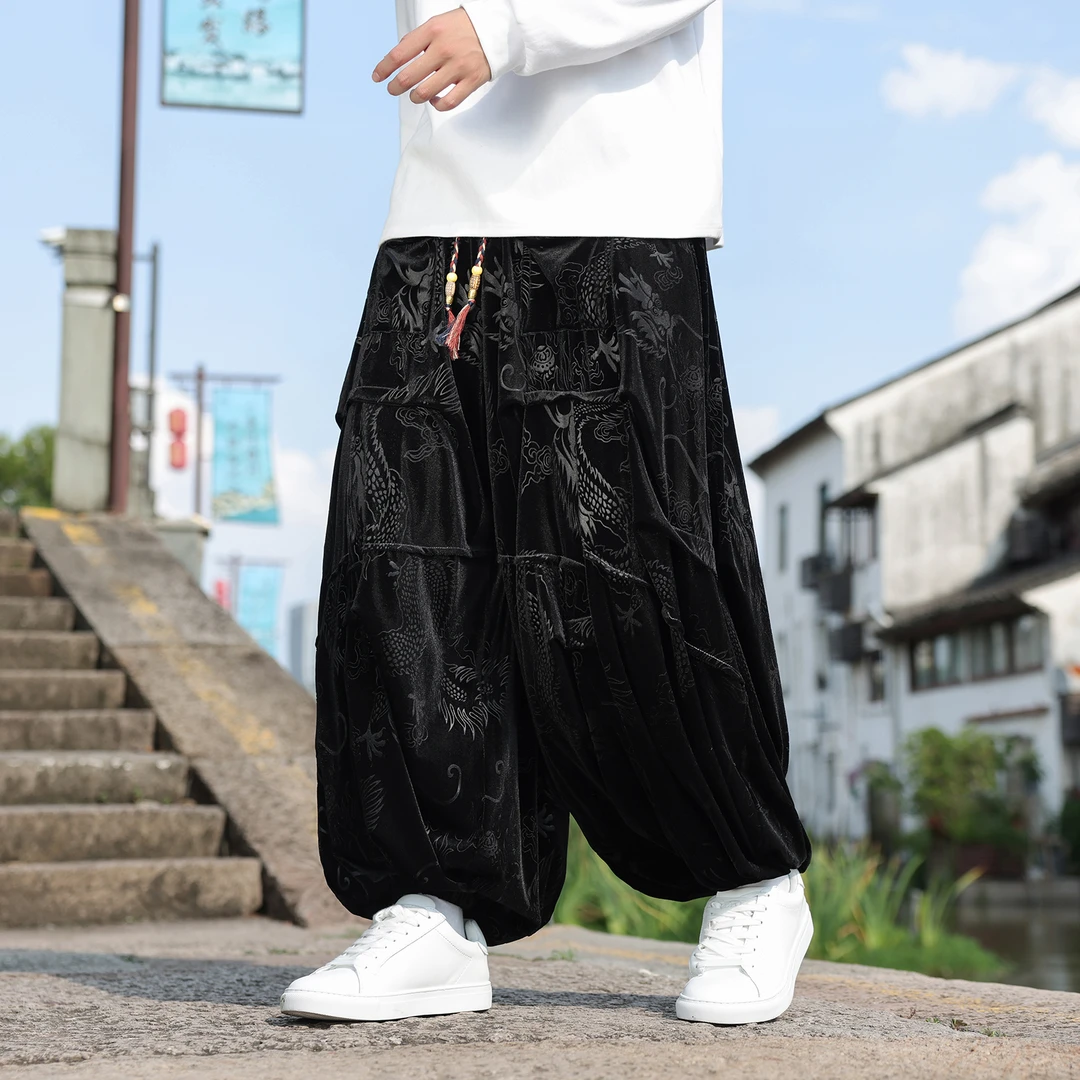 中国风龙纹提花阔腿灯笼裤男士大码宽松高级感金丝绒垂感运动卫裤