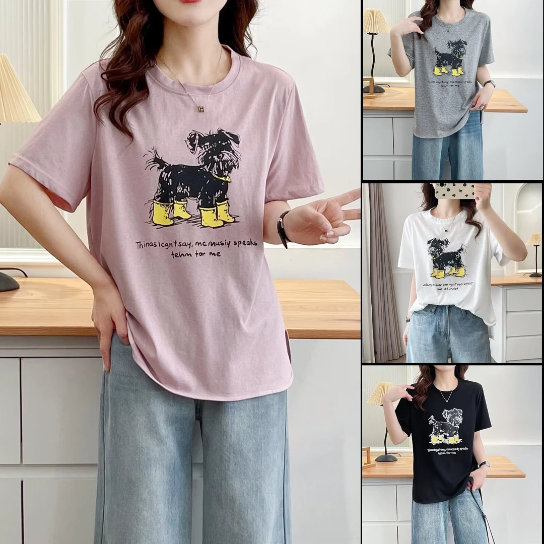 胖mm遮肚显瘦圆领短袖T恤大码女装夏季新款宽松休闲百搭印花上衣