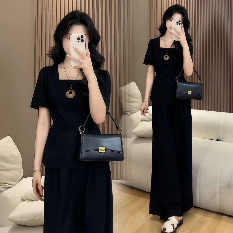 胖mm气质方领泡泡袖侧开衩收腰大码上衣高腰显瘦阔腿裤两件套套装