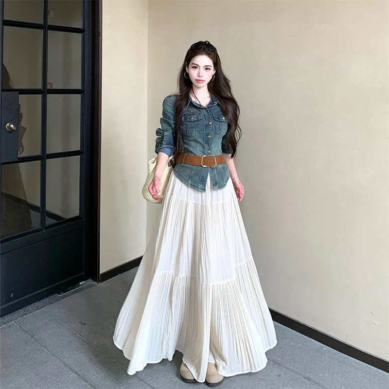 港风复古设计感正肩修身收腰牛仔外套女高腰宽松百褶半身裙两件套